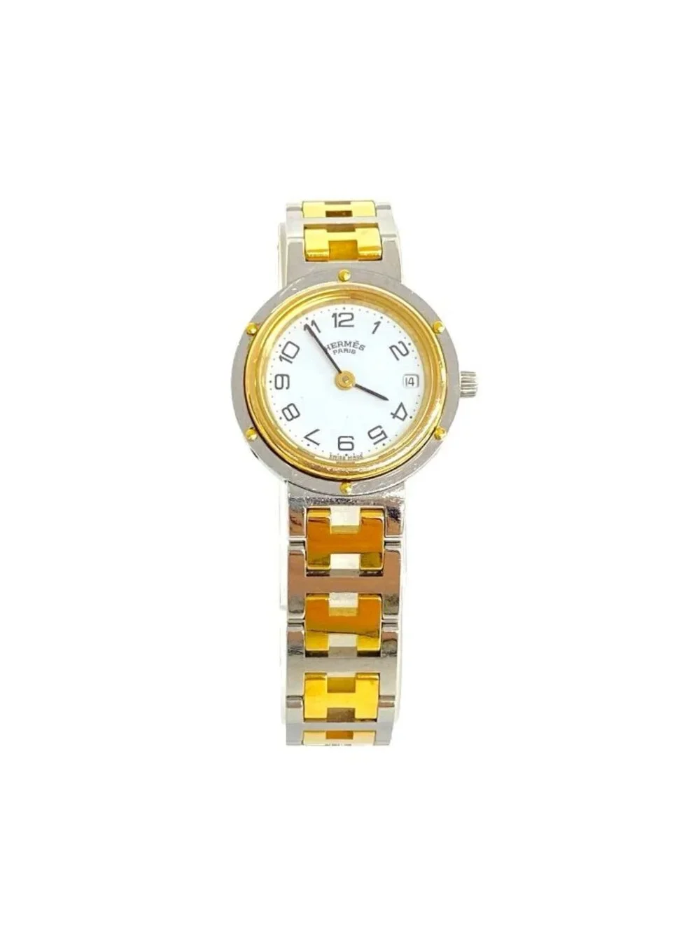 Hermes Clipper Stainless Quartz Watch Wrist Silver Gold